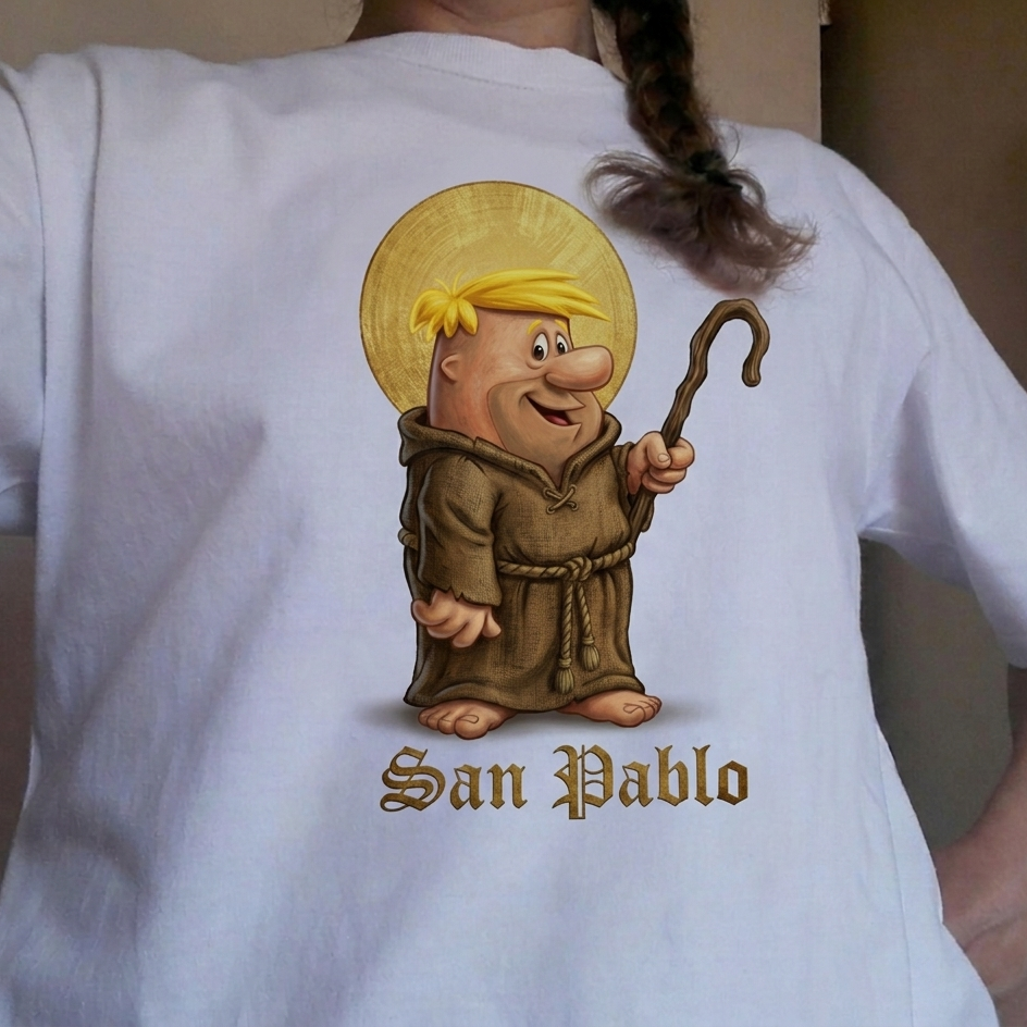 Persona portando una playera blanca con una imagen impresa